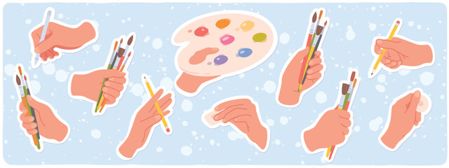 Artist hand holding brush, pencil, palette set. Painter hands with paintbrushes, paints education equipment stickers. Artistic school supplies, art hobby, creativity flat vector illustration