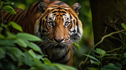 Obraz premium A magnificent Bengal tiger prowling through a dense jungle