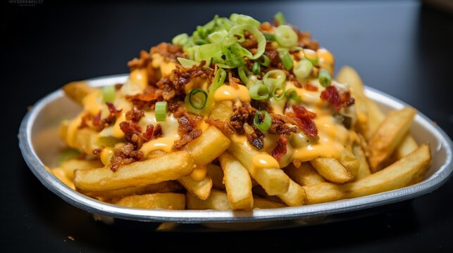 An enticing close-up of loaded curly fries topped with a decadent blend of melted cheese, crispy bacon bits, and green onions.