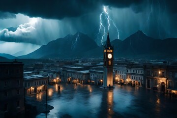 an image of a huge storm coming in from the sky over a city with a clock tower in the foreground and a mountain range in the distance in the foreground. - Powered by Adobe