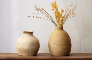 Fototapeta na wymiar an empty wooden vase with a small vase of plant,