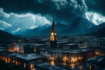 an image of a huge storm coming in from the sky over a city with a clock tower in the foreground and a mountain range in the distance in the foreground.