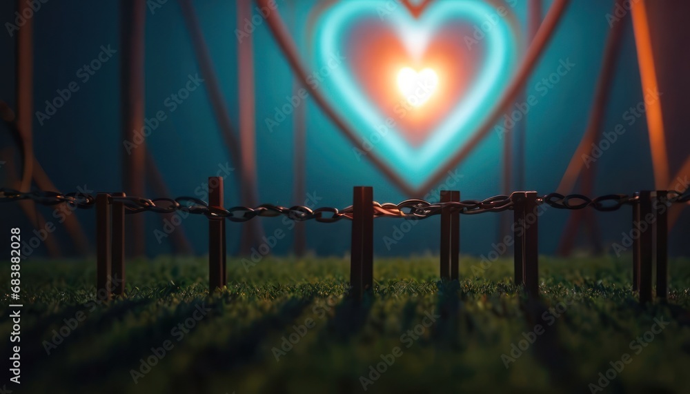 Poster a picture of a heart in the middle of a picture of a fence with a chain in front of it.