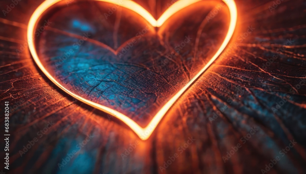 Poster a close up of a heart shaped object on a table with a blurry light coming from the center of the hea