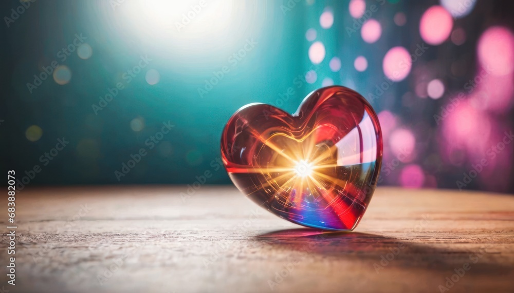 Poster a heart shaped object on a table with a bright light coming out of the middle of the heart in the mi