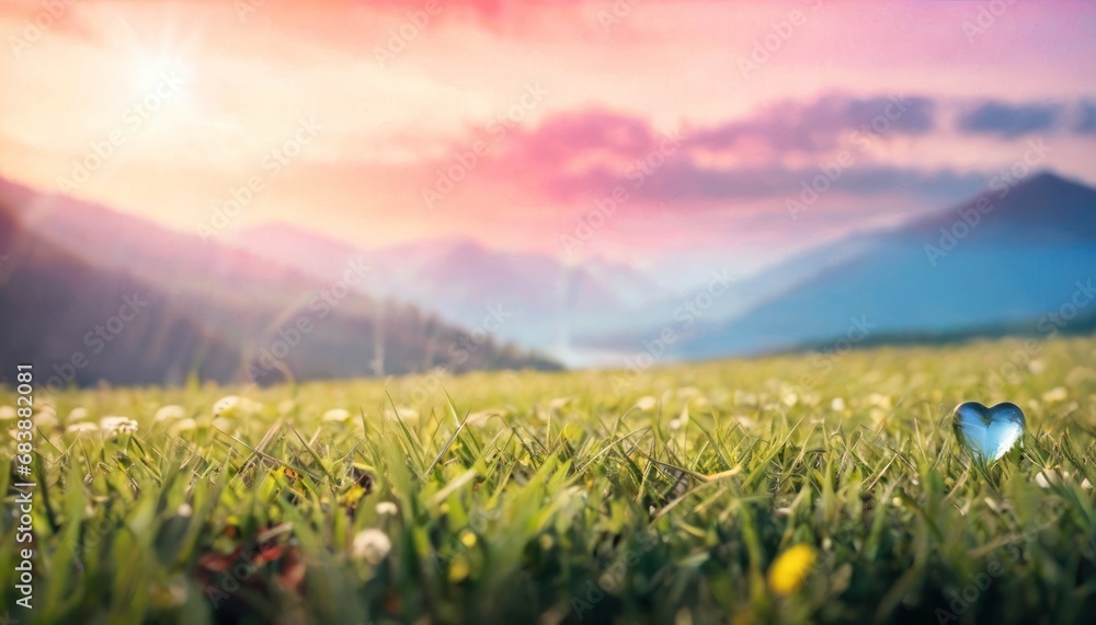 Poster a heart - shaped object in the middle of a field of grass with mountains in the distance in the back