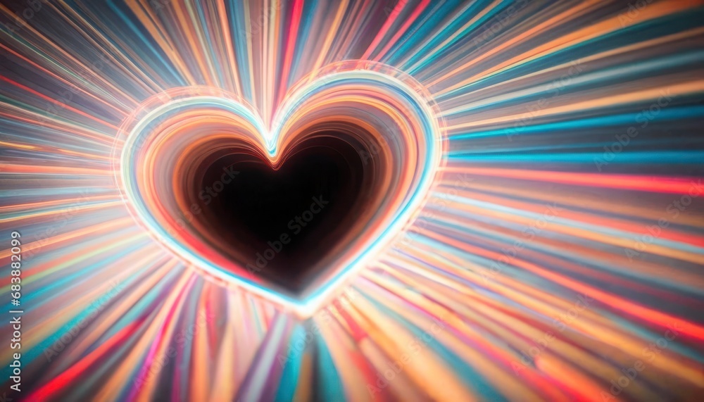Poster a heart shaped object is shown in the middle of a photo with bright rays coming out of the center of