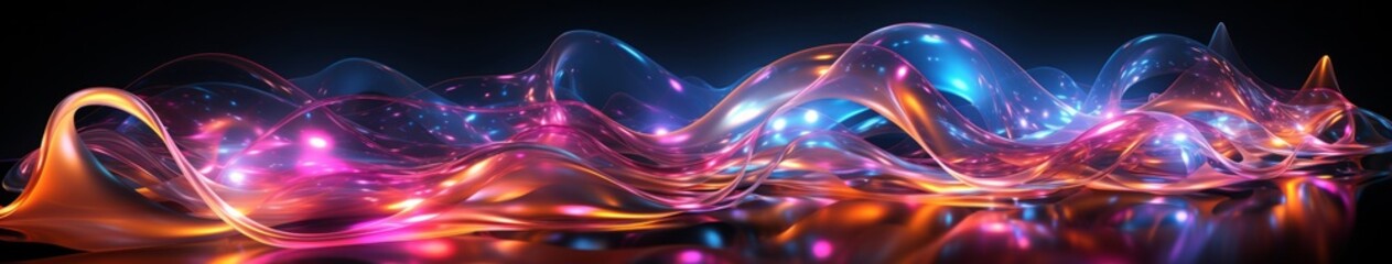 Obraz premium Purple, green and blue neon panorama wave motion abstract modern background. A glowing iridescent sine wave in black background. Mobile web banner backdrop. Mobile web banner backdrop. 