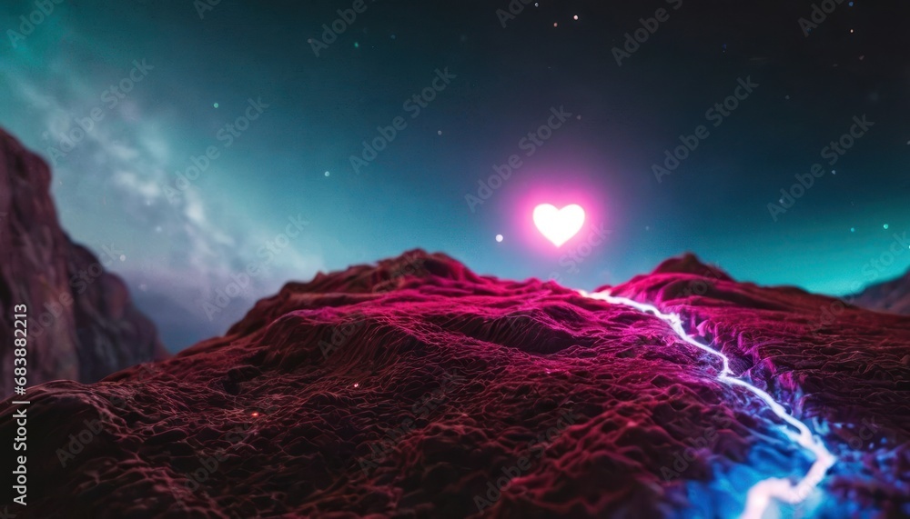 Poster a heart - shaped object in the middle of a mountain with a stream of water in the middle of it.