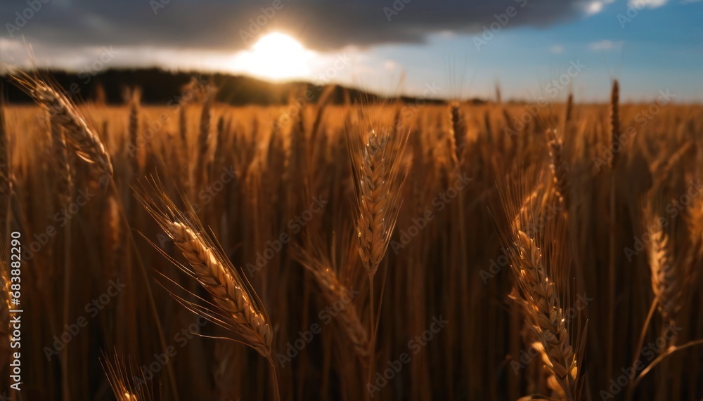 Poster a field of wheat with the sun peeking through the clouds in the background and the sun peeking throu