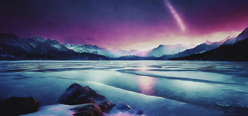 illustrazione di paesaggio con grande lago ghiacciato e sole che sorge sopra un orizzonte montuoso - obrazy, fototapety, plakaty