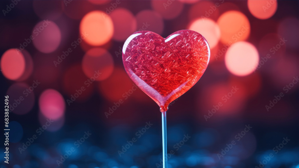 Poster valentine's day background with red heart on bokeh background