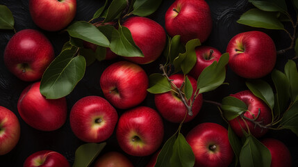 Red apples on a black background. Juicy fresh beautiful apples and green leaves close-up. Ripe natural apple. Organic fruits with vitamins. Top view. Generated AI