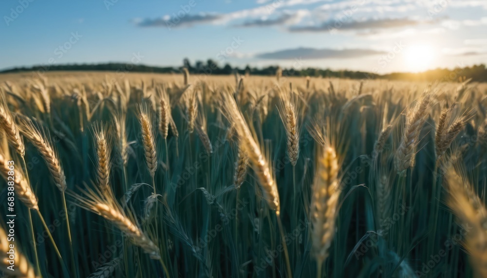 Poster a field of wheat is shown with the sun shining through the clouds in the background and a blue sky w