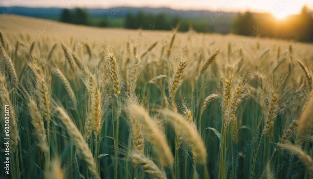 Poster a field of wheat is shown with the sun setting in the distance in the distance, with trees in the ba