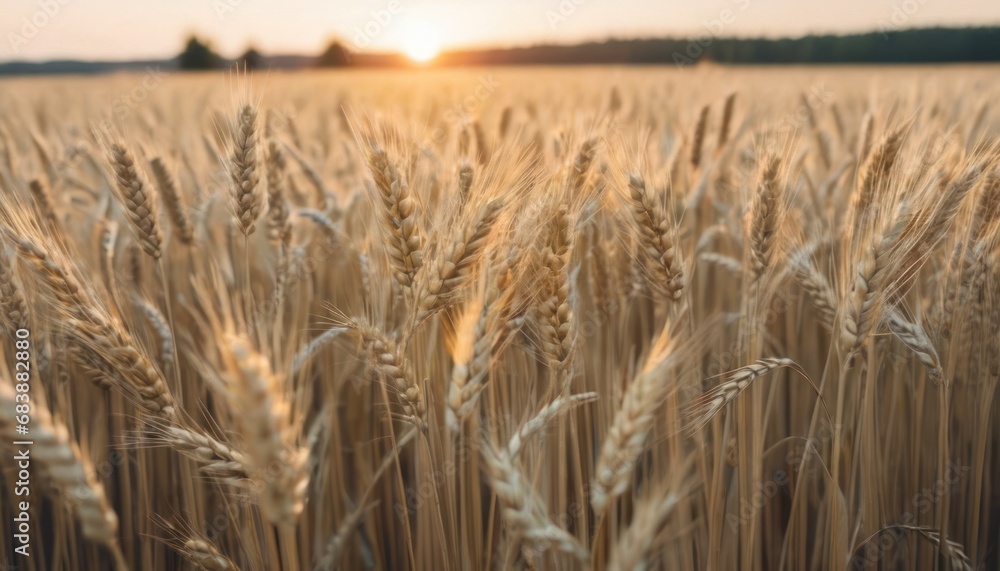 Poster a close up of a wheat field with the sun setting in the distance in the distance, with trees in the 
