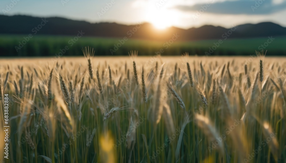 Poster a field of wheat with the sun setting in the background and a mountain range in the distance in the 