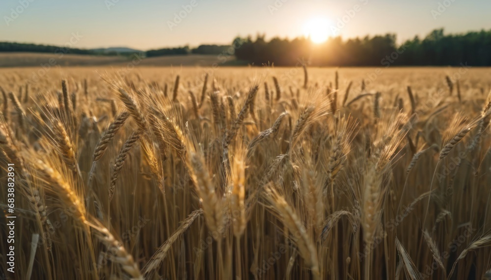 Poster a field of wheat at sunset with the sun shining through the trees in the background of the field.