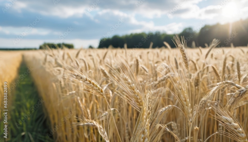 Poster a field of wheat is shown with the sun shining through the clouds in the background and a line of tr
