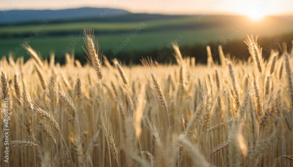 Poster a field of wheat is shown with the sun setting in the distance in the distance, with hills in the ba