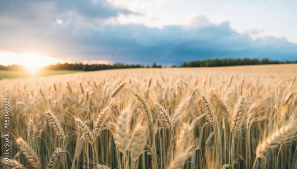 Poster a field of wheat is shown with the sun shining through the clouds in a blue sky with clouds in the b