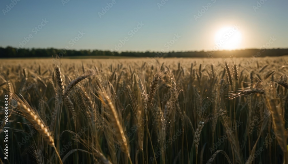 Poster a large field of wheat with the sun setting in the middle of the field in the middle of the day.