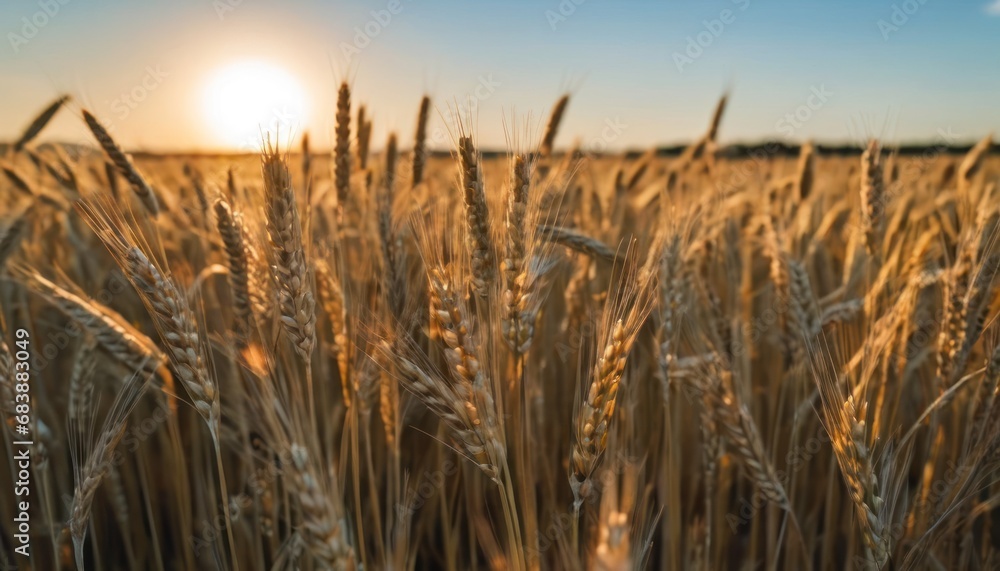 Poster a field of ripe wheat with the sun setting in the distance in the distance is a blue sky and there i