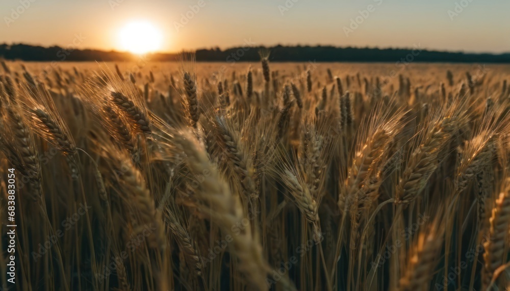 Poster a field of wheat at sunset with the sun in the distance and a tree in the distance in the foreground