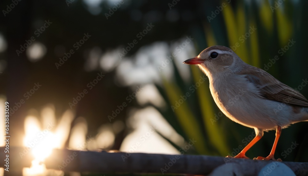 Poster a small bird sitting on top of a tree branch with the sun shining through the leaves of the tree beh