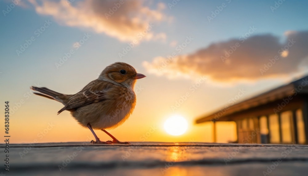 Aufkleber a small bird standing on the ground in front of a building with the sun setting in the sky behind it