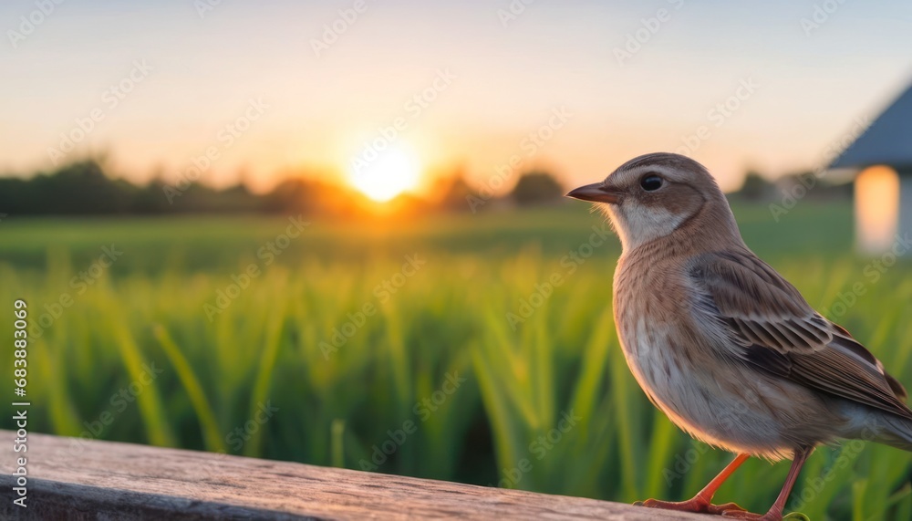 Poster a small bird standing on a wooden rail in front of a field of green grass and a barn in the backgrou