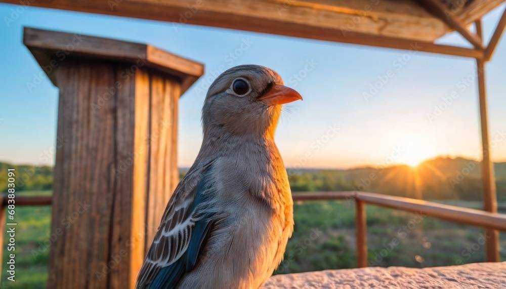 Aufkleber a close up of a bird sitting on a table near a wooden structure and a grassy field in the background