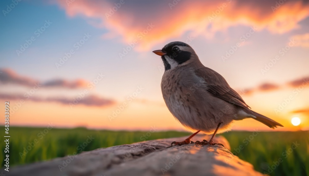 Poster a small bird standing on a rock in the middle of a field with the sun setting in the distance behind