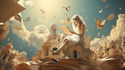 Lady woman sitting on suitcase, read book and flies on ammonia fossil through space around world, scene with ghost place and butterflies, power of imagination concept, build castles in air.