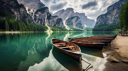 Fototapeta premium lake, Dolomite Alps, Boats on the lake Landscape in the Dolomite Alps.