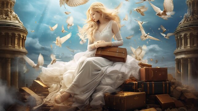 Lady woman sitting on suitcase, read book and flies on ammonia fossil through space around world, scene with ghost place and butterflies, power of imagination concept, build castles in air.