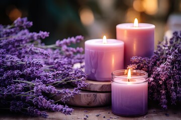 Obraz na płótnie Canvas closeup of beautiful aromatic purple candles with lavender on wooden background