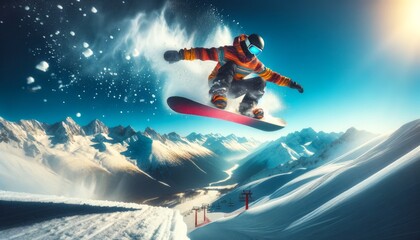 Exhilarating mid-jump snowboarder in colorful attire, framed by snowy peaks, with a burst of snow highlighting the action.

