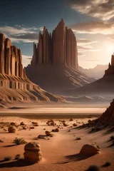 Gordijnen An otherworldly desert landscape with towering rock formations and a distant alien sky, offering a unique and captivating 3D wallpaper. © FH Collections