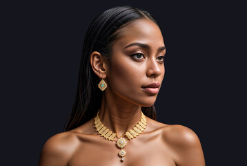 Elegant mixed woman with gold and diamonds jewelry, luxury concept, dark background, rich and wealthy, diversity - obrazy, fototapety, plakaty