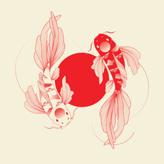 Asian country koi fish; ying yang symbol. Japan.Vector abstract art Koi fish vector illustration japanese carp. Minimal style.Hand drawn outline Koi fish vector design line art illustration. 