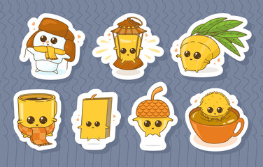 A set of stickers with cute characters: a book, an acorn, a snowman, a lantern, a houseplant, a mug and a cookie in a cup.