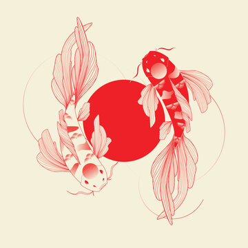 recommend clip art: Asian country koi fish; ying yang symbol. Japan.Vector abstract art Koi fish vector illustration japanese carp. Minimal style.Hand drawn outline Koi fish vector design line art illustration. 