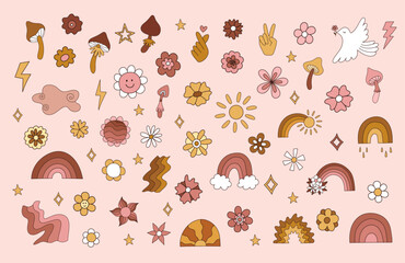 Groovy hippie hand drawn elements. Funny cartoon flower, rainbow, peace, Love, heart, daisy, mushroom. Big collection of trendy retro psychedelic cartoon style elements. Isolated vector illustration.