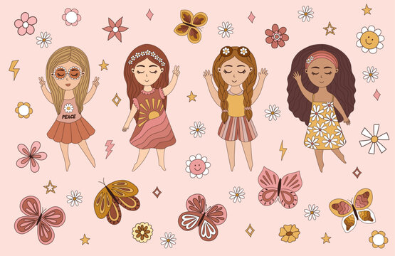 Groovy hippie 70s set. Funny cartoon girls and flowers. Big collection of trendy retro psychedelic cartoon style elements. Isolated vector illustration.