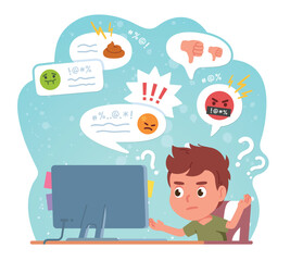Cyber bullying victim kid reading angry messages. Boy child person suffer receiving comments on computer from aggressive bullies. Internet harassment violence problem concept flat vector illustration