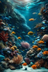 Naklejka na ściany i meble A surreal underwater world filled with exotic marine life, where colorful coral reefs and mysterious creatures come to life in a captivating 3D wallpaper.