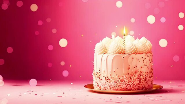  beautiful pink birthday cake with sprinkles and burning candle on pink gradient background with bokeh effect.