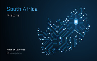 South Africa Glowing Map with a capital of Pretoria Shown in a Microchip Pattern. E-government. World Countries vector maps. Microchip Series - obrazy, fototapety, plakaty