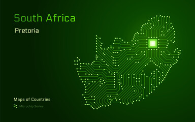 South Africa Glowing Map with a capital of Pretoria Shown in a Microchip Pattern. E-government. World Countries vector maps. Microchip Series